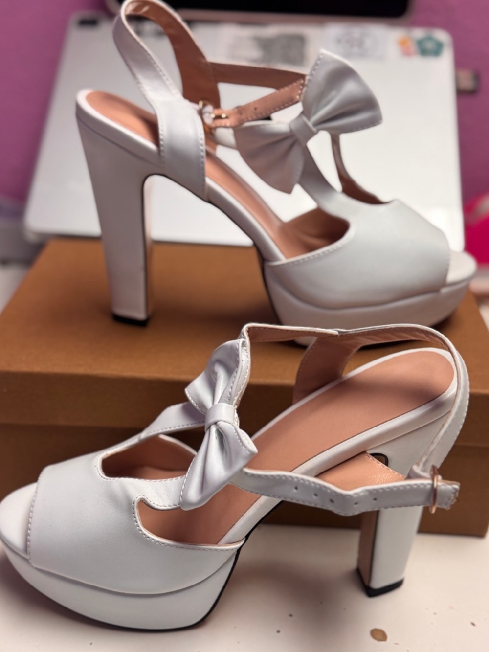 White Bow Platform Peep-Toe Heels - Women